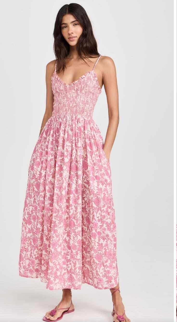 NWT Free People Womens Sweet Nothings Smocked Floral Pink Midi Sun Dress Small